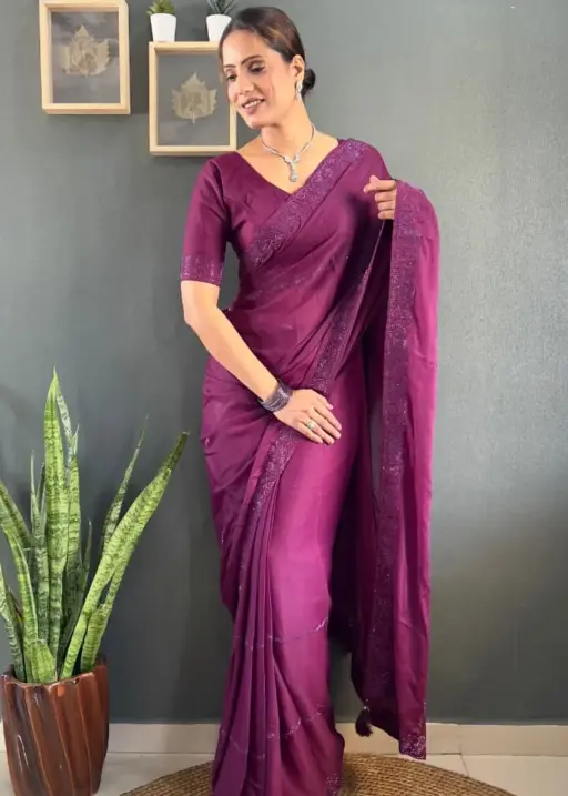 Purple ready to wear Swarovski party saree with waist belt pre stitched pleats designer saree