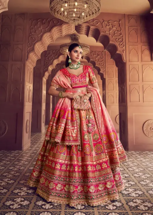 Rani Color Banarasi Silk Bridesmaid Lehenga with Swarovski and Zari Weaving Work for Wedding Wear