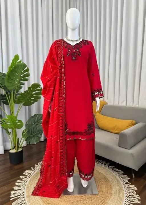 Red Color Pakistani Cut Work Salwar Suit