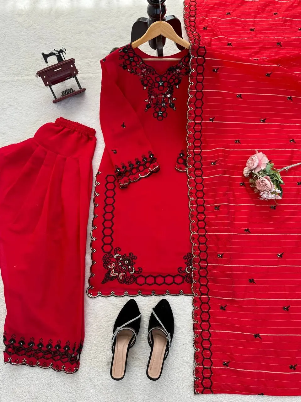 Red Color Pakistani Cut Work Salwar Suit - Image 3