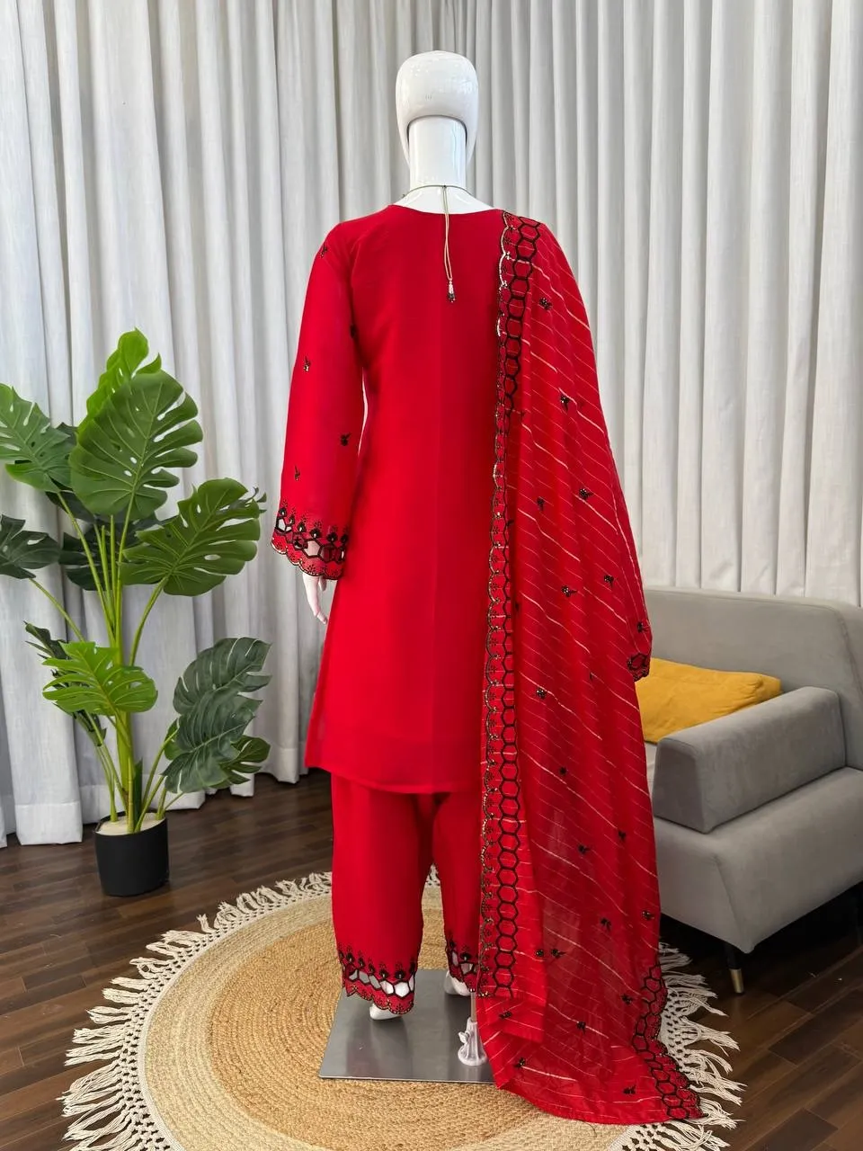 Red Color Pakistani Cut Work Salwar Suit - Image 5