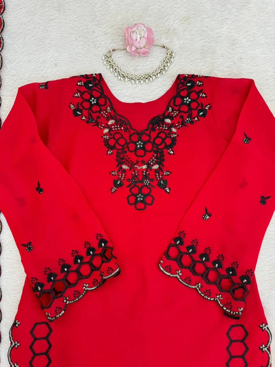 Red Color Pakistani Cut Work Salwar Suit - Image 6