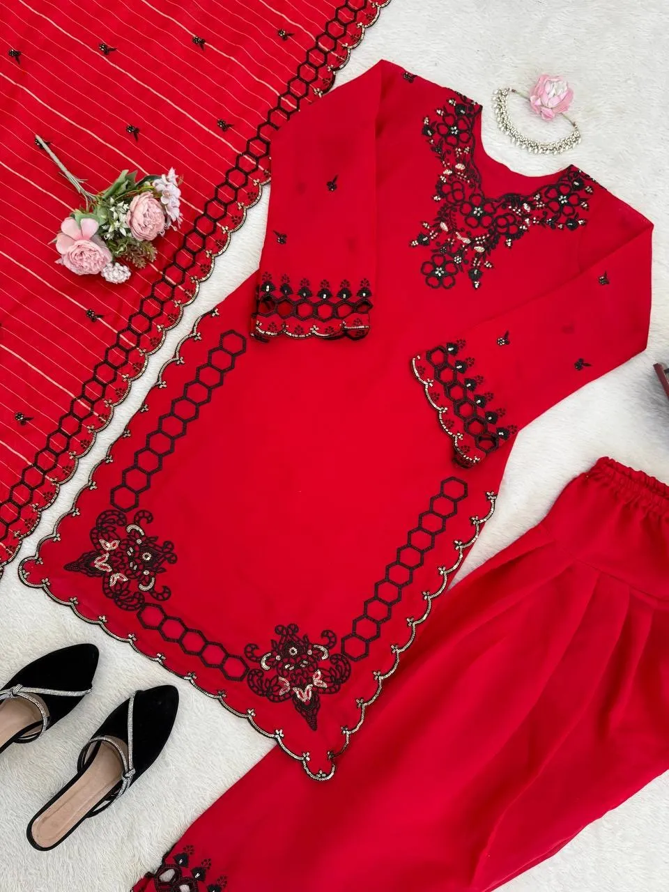 Red Color Pakistani Cut Work Salwar Suit - Image 8