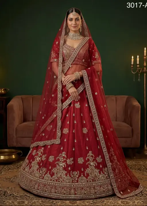 Red Gadhwal Silk Bridal Lehenga Choli