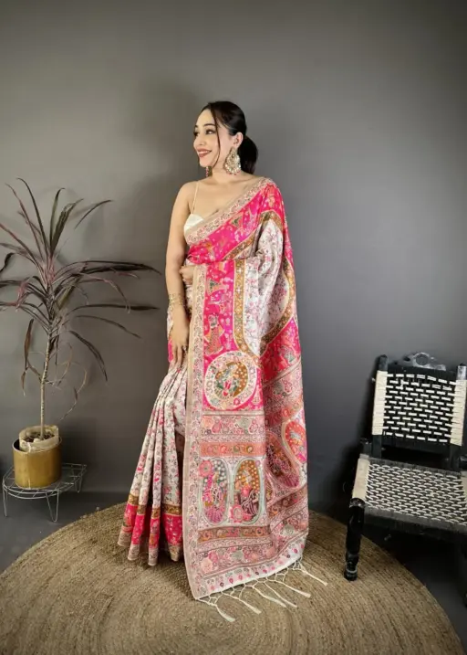 Red meenakari Pashmina Kashmiri Saree