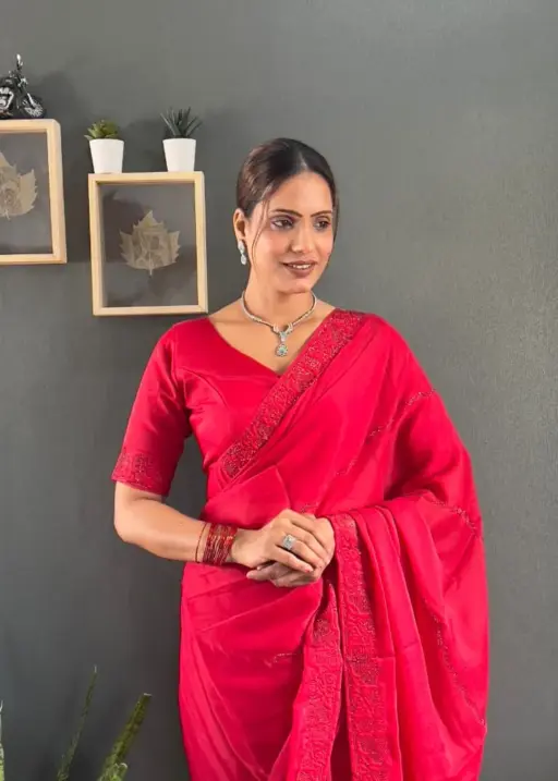 Red ready to wear Swarovski party saree with waist belt pre stitched pleats designer saree