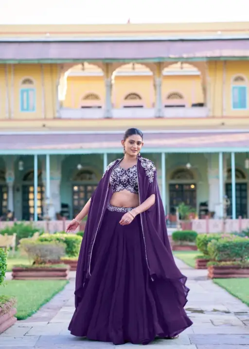 Royal Purple Wedding Wear Lehenga Choli with embroidered shrug, designer Fendi silk lehenga for bridal function and wedding season
