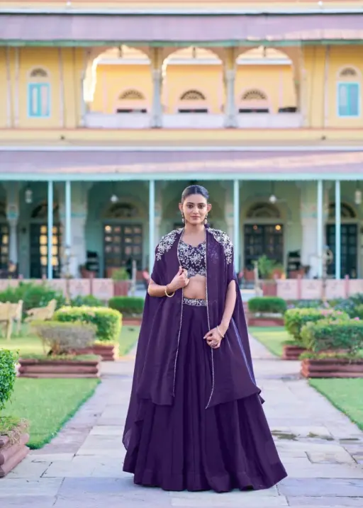 Royal Purple Wedding Wear Lehenga Choli with embroidered shrug, designer Fendi silk lehenga for bridal function and wedding season