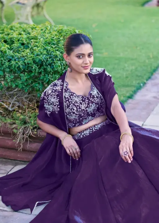 Royal Purple Wedding Wear Lehenga Choli with embroidered shrug, designer Fendi silk lehenga for bridal function and wedding season