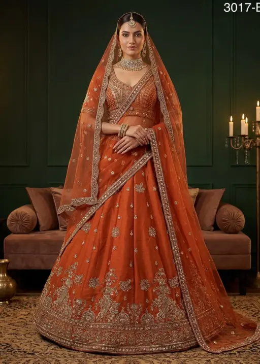 Rust Color Gadhwal Silk Bridal Lehenga Choli