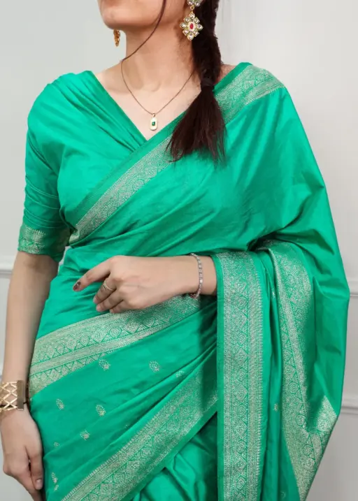 Sea Green Mysore Crepe Saree for Pooja