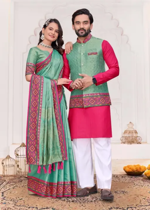 Shreevalli Couple Combo unstitched saree with kurta set matching festive ethnic wear for couples