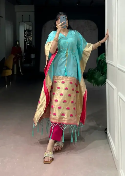 Sky Blue Fancy Jacquard Kaftan in Paithani fabric with zari weaving work stylish ethnic wear