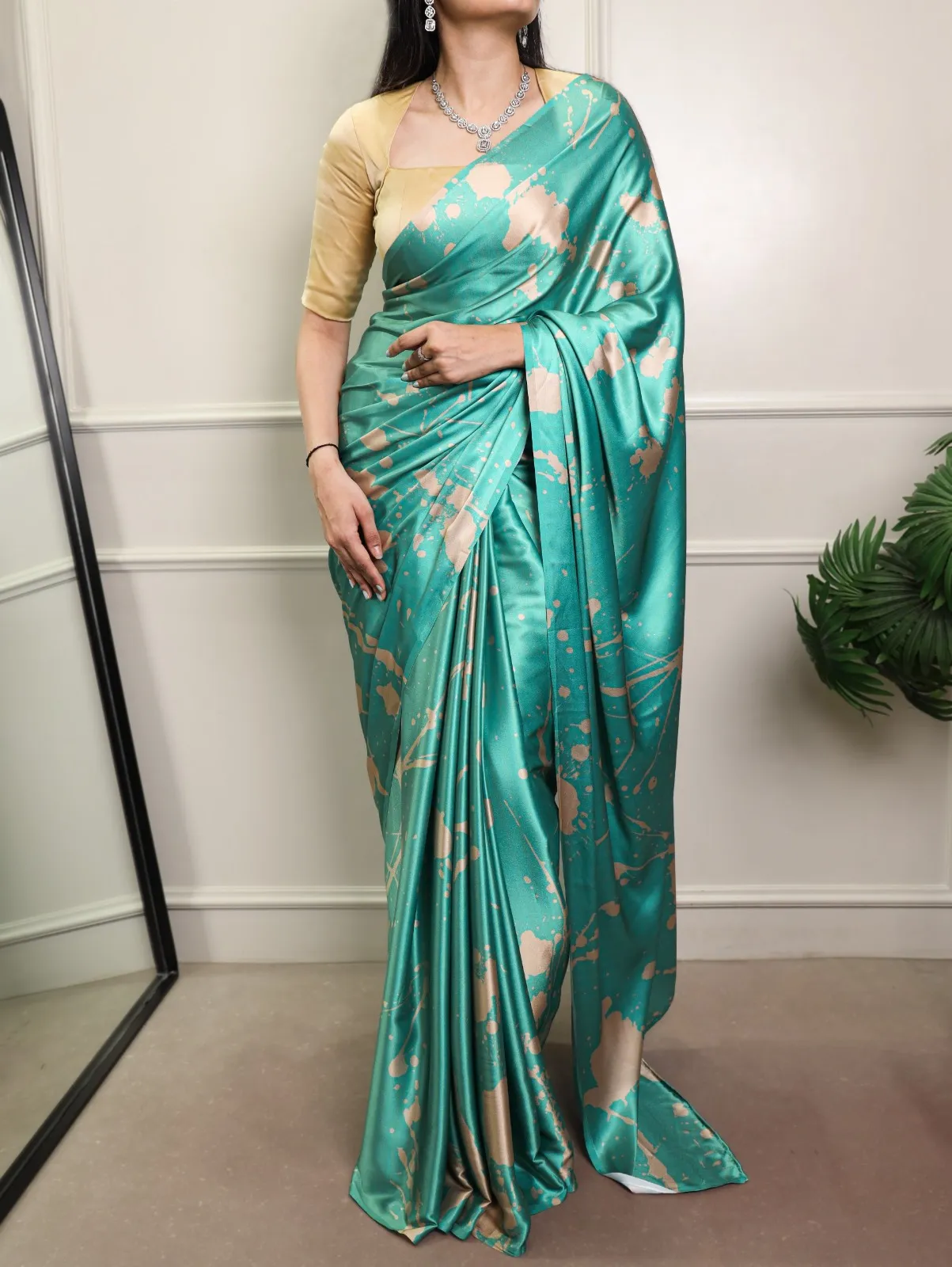 Sky Blue Satin Printed Saree - Image 2