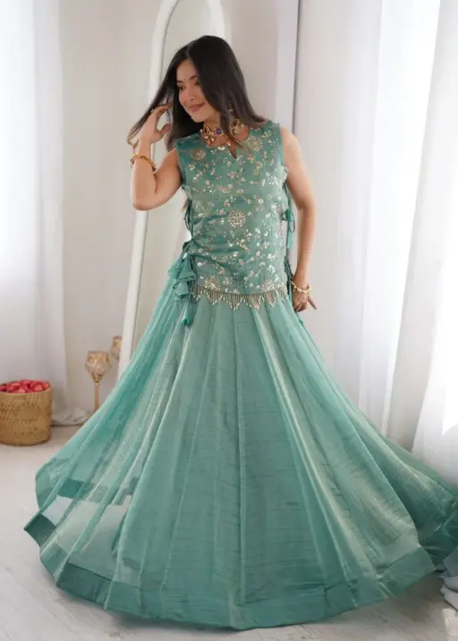 Sky Blue Wedding Lehenga with long koti Blouse