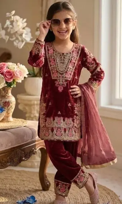 Small girl kid Farshi salwar suit with heavy embroidery work and dupatta for festive wear