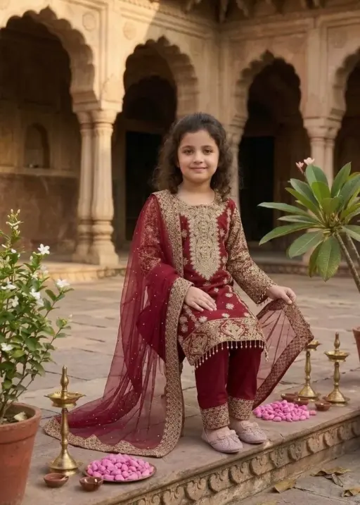 Small kids wear Pakistani straight suit with embroidery work and matching dupatta for girls