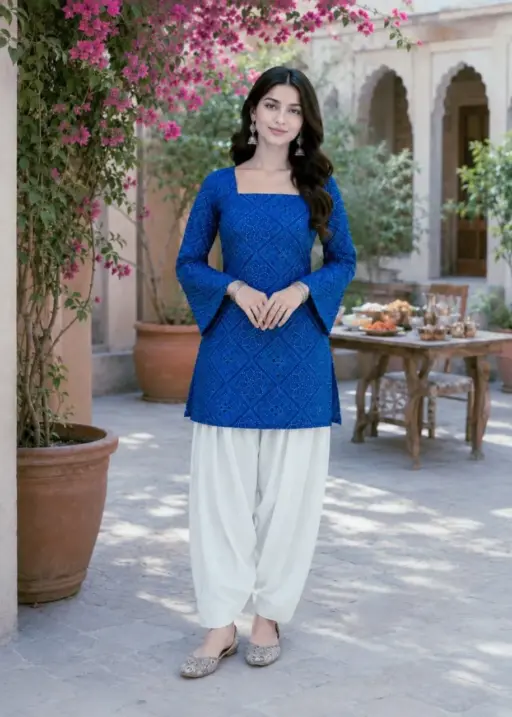 Summer Wear Blue Bandhej Printed kurti Bottom