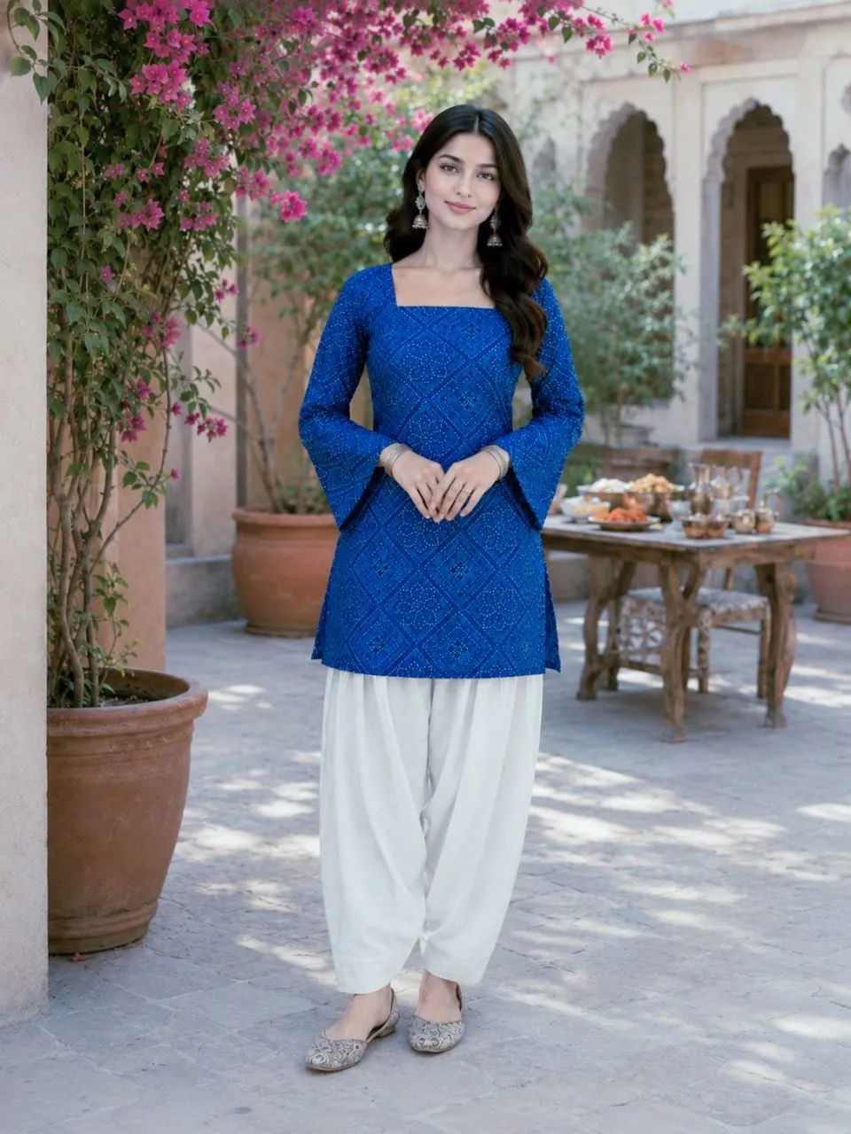 Summer Wear Blue Bandhej Printed kurti Bottom