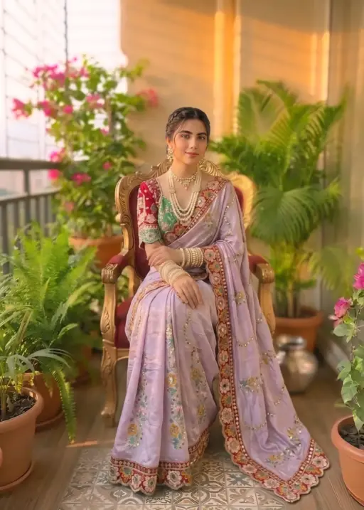 Woman wearing purple wedding saree with stitched embroidered blouse and mirror work border