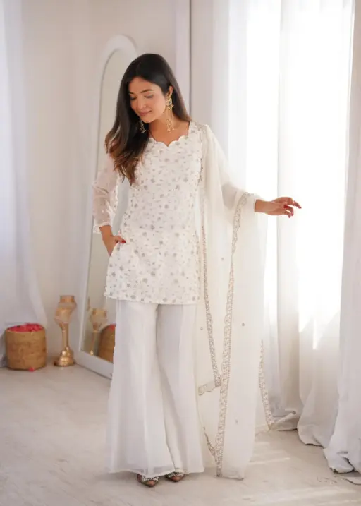 White Bell Bottom Pattern Embroidery Suit with Dupatta for Women