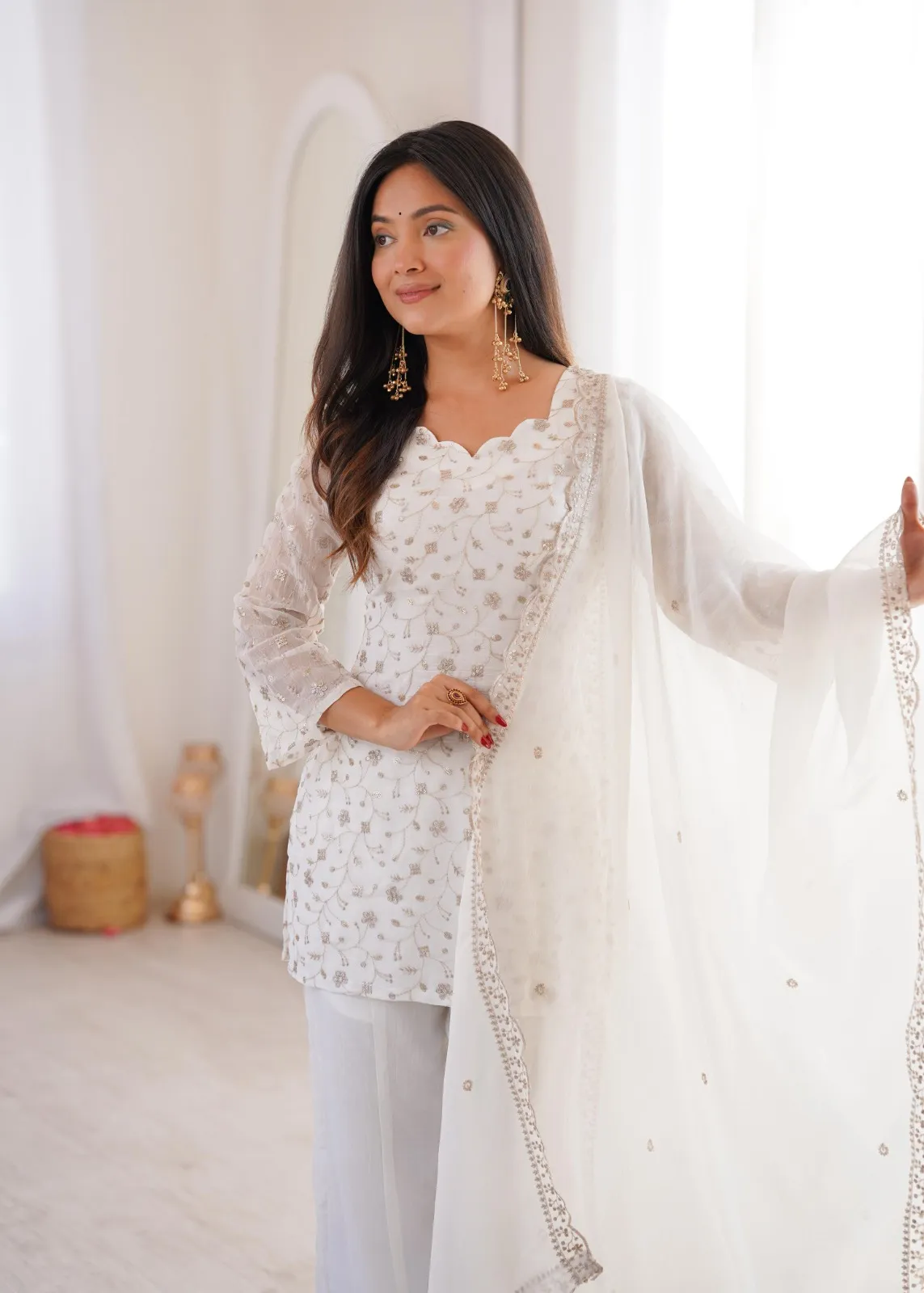 White Bell Bottom Pattern Embroidery Suit - Image 3