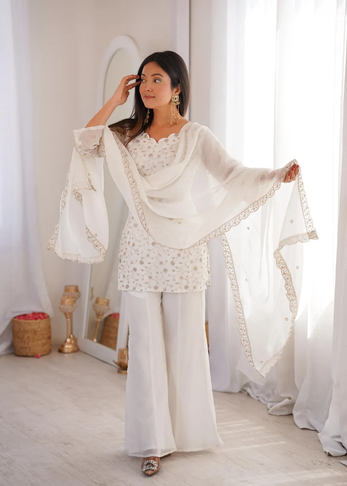 White Bell Bottom Pattern Embroidery Suit - Image 4