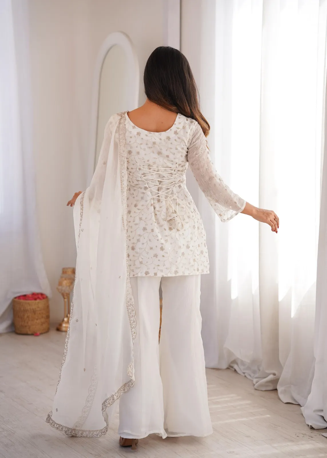 White Bell Bottom Pattern Embroidery Suit - Image 5