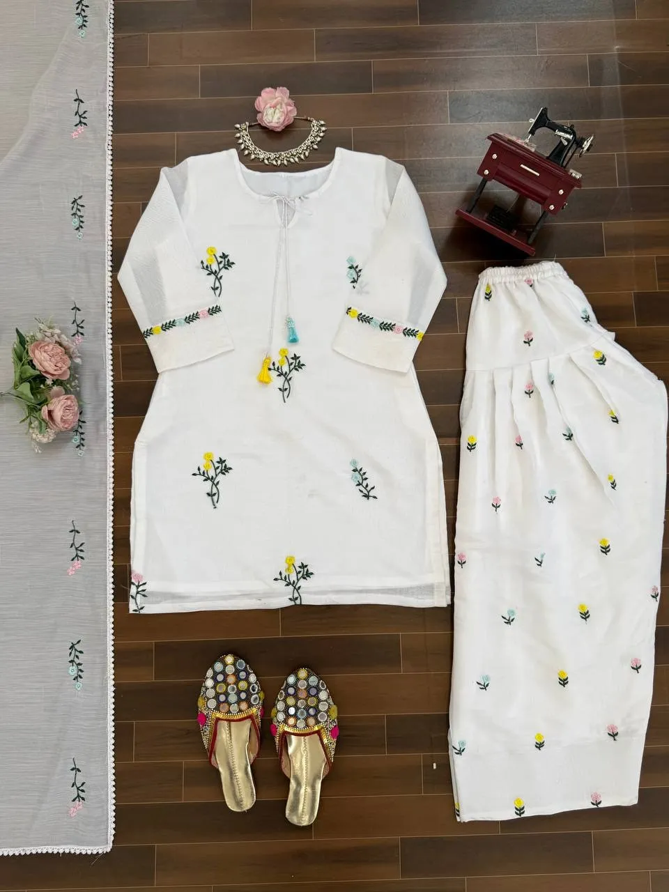 White Farsi Salwar Suit with Flower Embroidery - Image 3