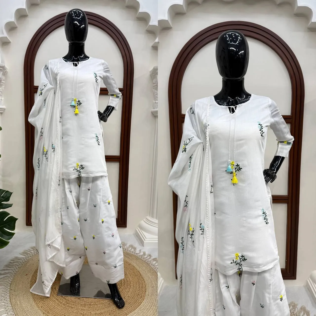 White Farsi Salwar Suit with Flower Embroidery - Image 7