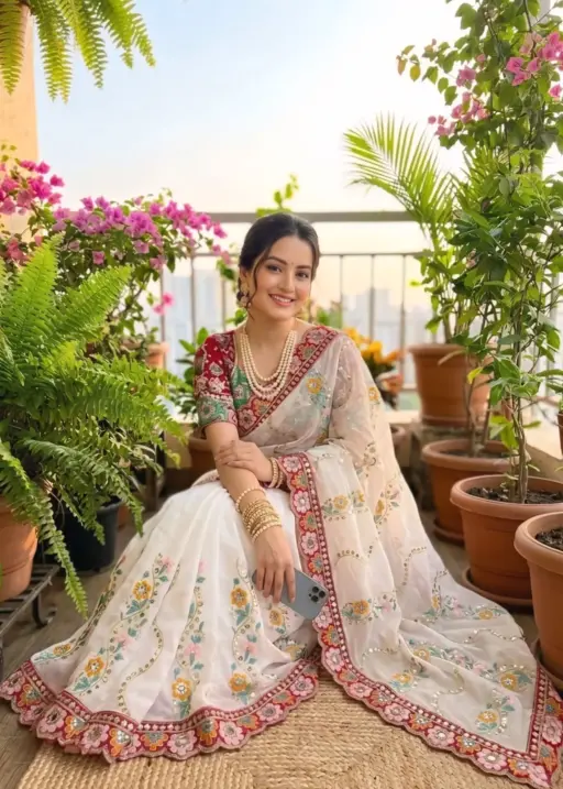 White wedding saree with multi color embroidery and stitched blouse for festive and wedding wear