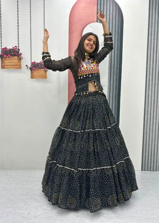 Bandhni Printed Lehenga Choli Co ord Set Black Color
