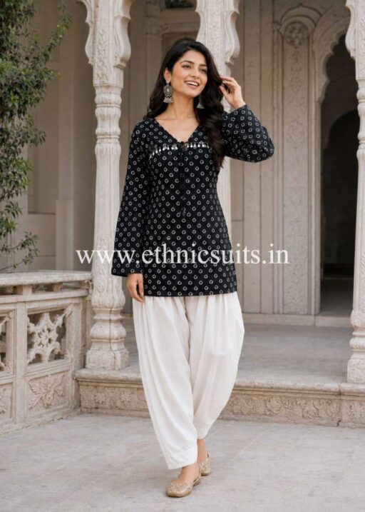 Black Bandhni Printed Short Kurta with Blouse and Bottom