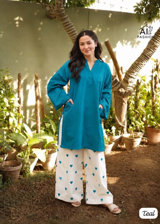 Blue Hania Amir Inspired Heart Embroidery Plazzo with Kurti