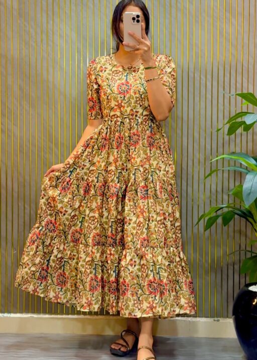 Creme Color Kalamkari Printed Midi Dress With Mobile Pocket