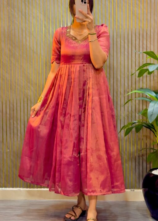 Eye catching Maggam Hand Work Gown Pink