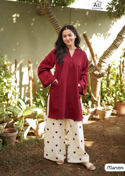Marron Hania Amir Inspired Heart Embroidery Plazzo with Kurti
