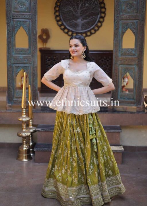 Mehendi Color Viscose Jacquard Lehenga with Long Blouse