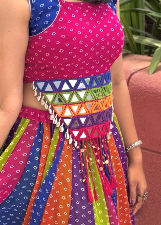 Multi Color Bandhni Printed Chaniya Choli with Fancy Sleeveless Blouse
