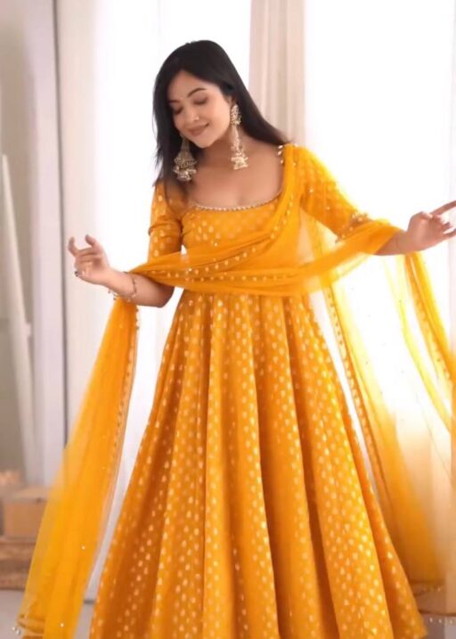 Mustard Yellow Jacquard Anarkali Gown