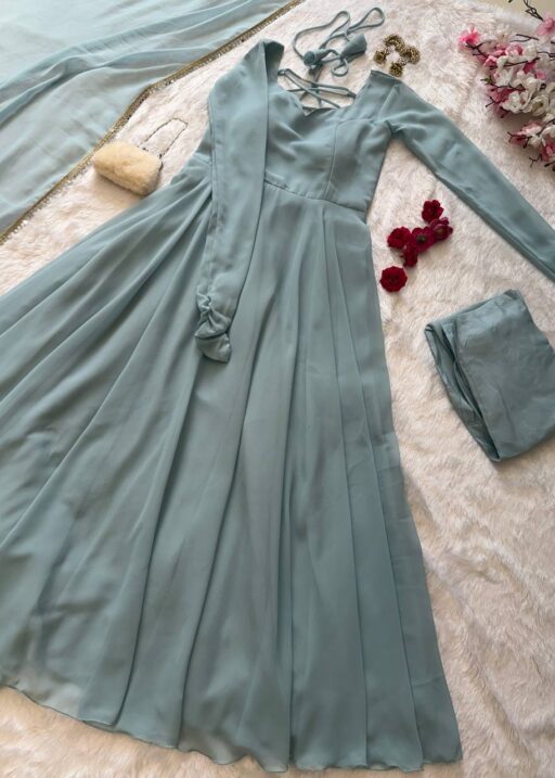 Party Wear Sea Green Color Georgette Gown