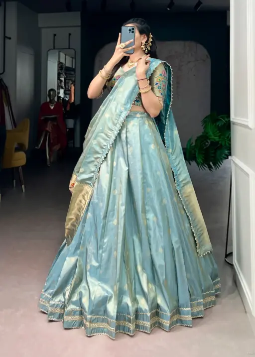 Pastel Blue Paithani Silk Wedding Wear Lehenga Blouse