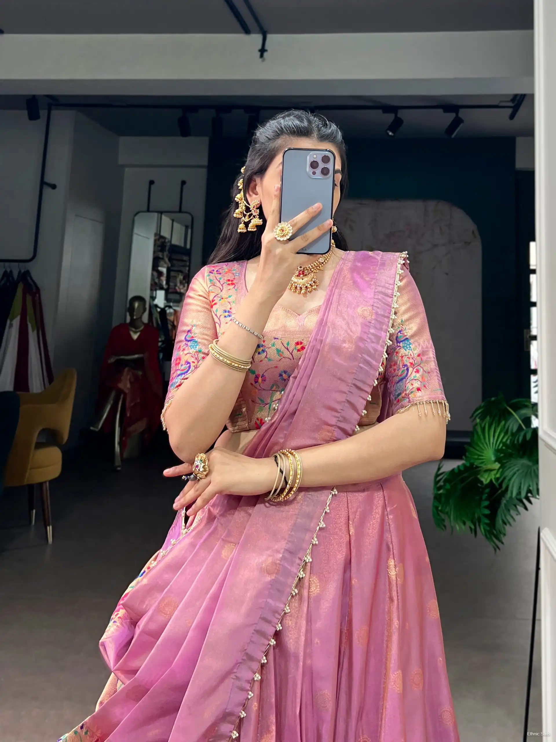 Pastel Pink Paithani Silk Wedding Lehenga Blouse - Image 4