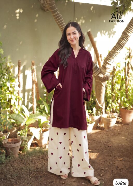 Purple Hania Amir Inspired Heart Embroidery Plazzo with Kurti