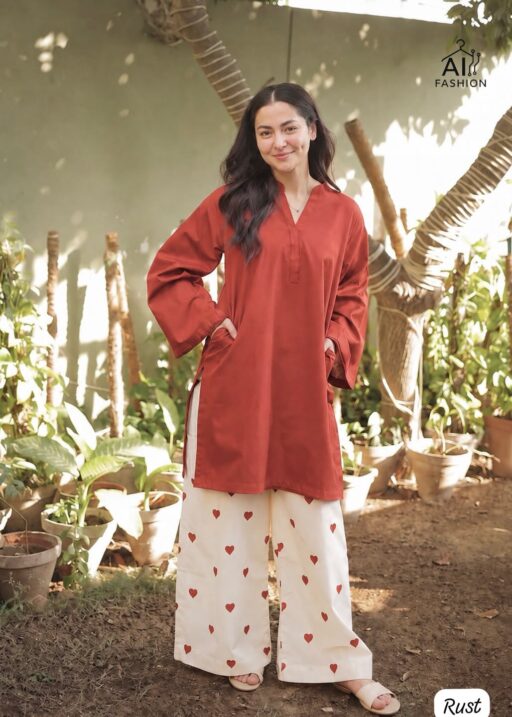 Rust Hania Amir Inspired Heart Embroidery Plazzo with Kurti