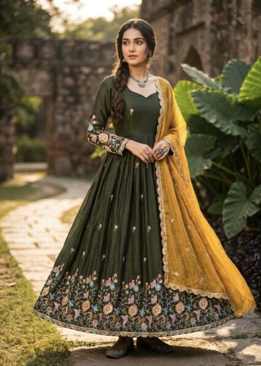 Wedding Special Green Gown with Contrast Dupatta