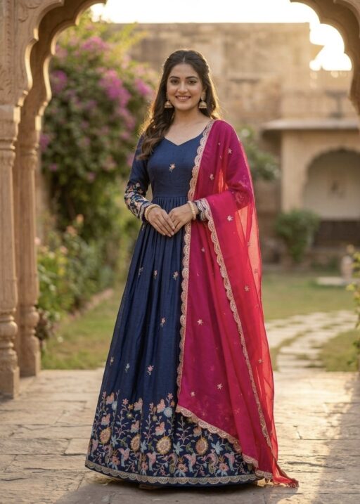 Wedding Special Royal Blue Gown with Contrast Dupatta