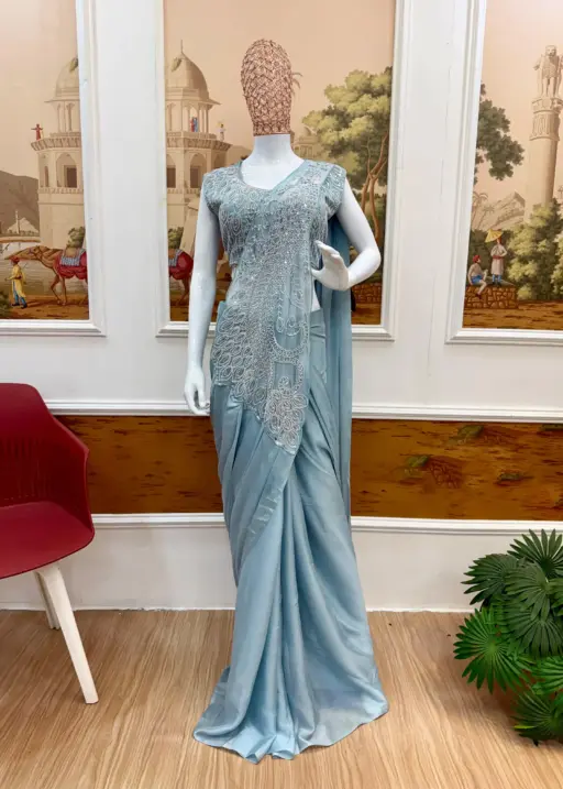 Sky Blue Beads Work Readymade Saree with Fancy Pallu