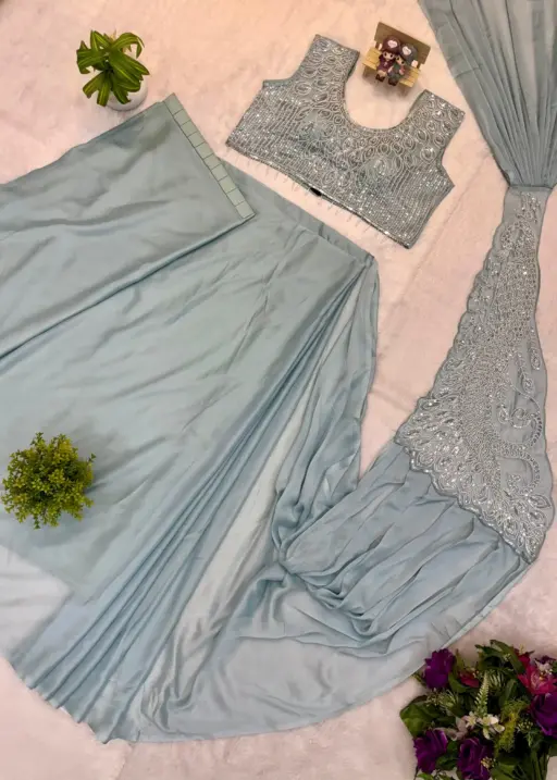 Sky Blue Beads Work Readymade Saree with Fancy Pallu