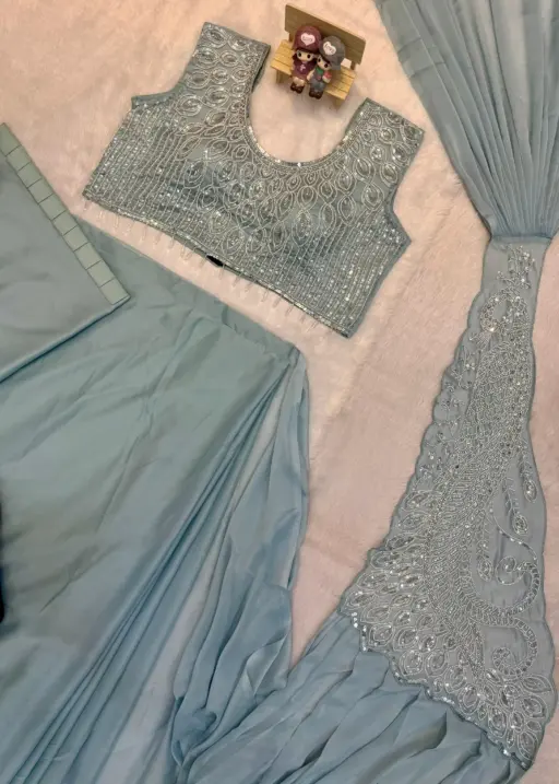 Sky Blue Beads Work Readymade Saree with Fancy Pallu